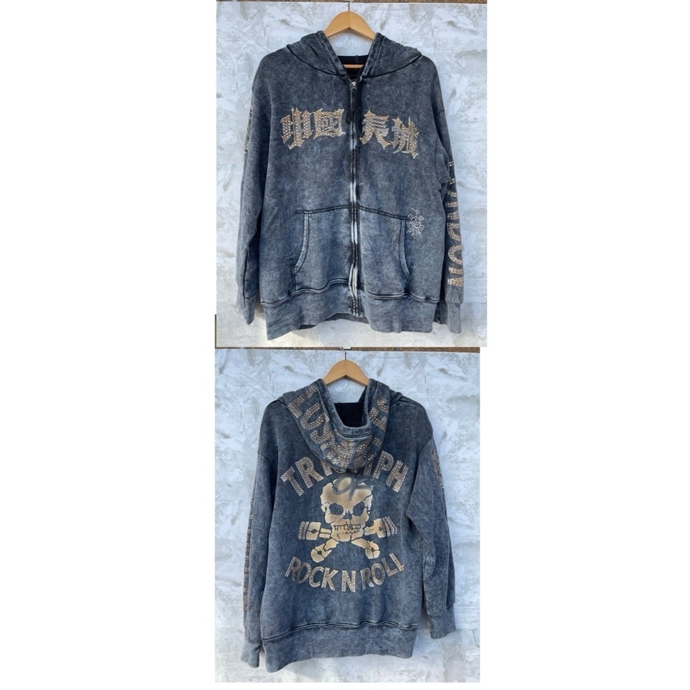 The Great China Wall Co.Vintage Washed Rock N Roll Skull Zip Hoodie L